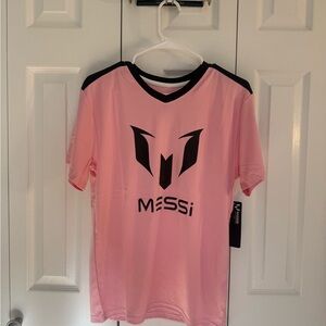 Messi Kids Pink Soccer Jersey with Black Trim